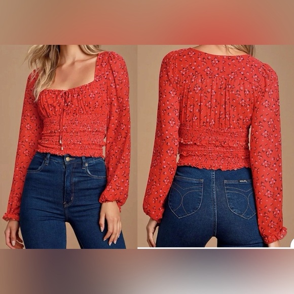 Free People Tops - FREE PEOPLE Lolita Red Floral Print Ruffled Crop Top. Sz. L